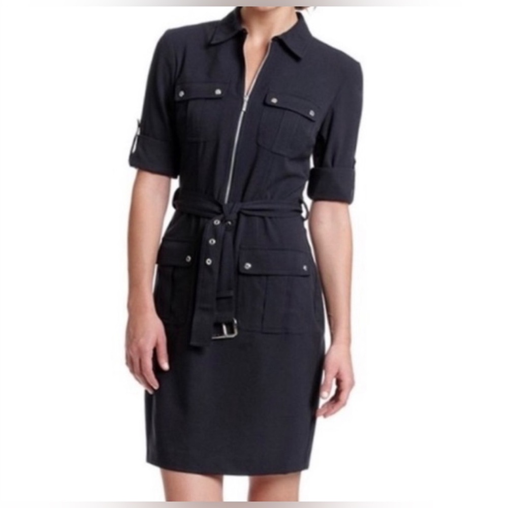 MICHAEL Michael Kors Navy Utility Shirt Dress M Zip Front Belted Safari Career